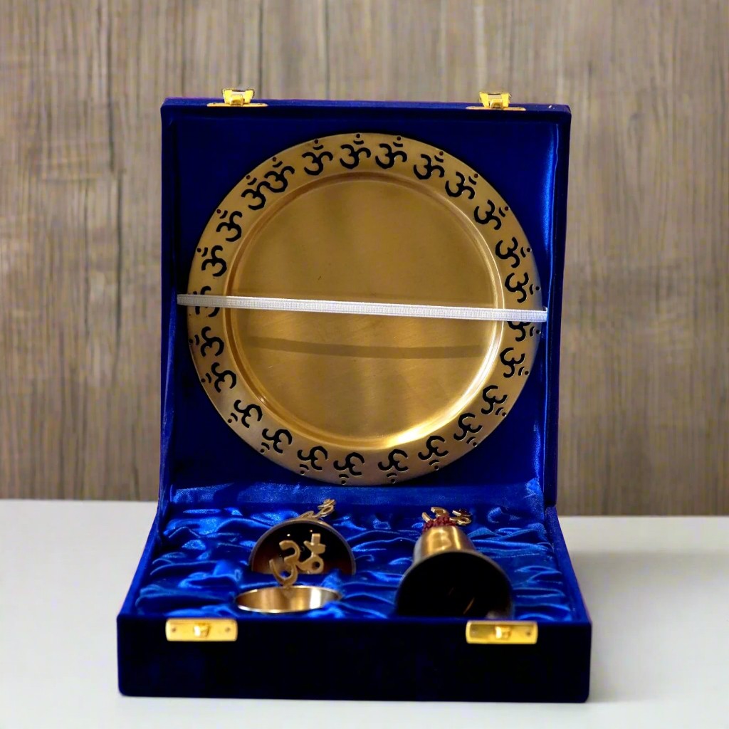 brass set of 4 pieces om pooja thali set for housewarming pooja/ diwali